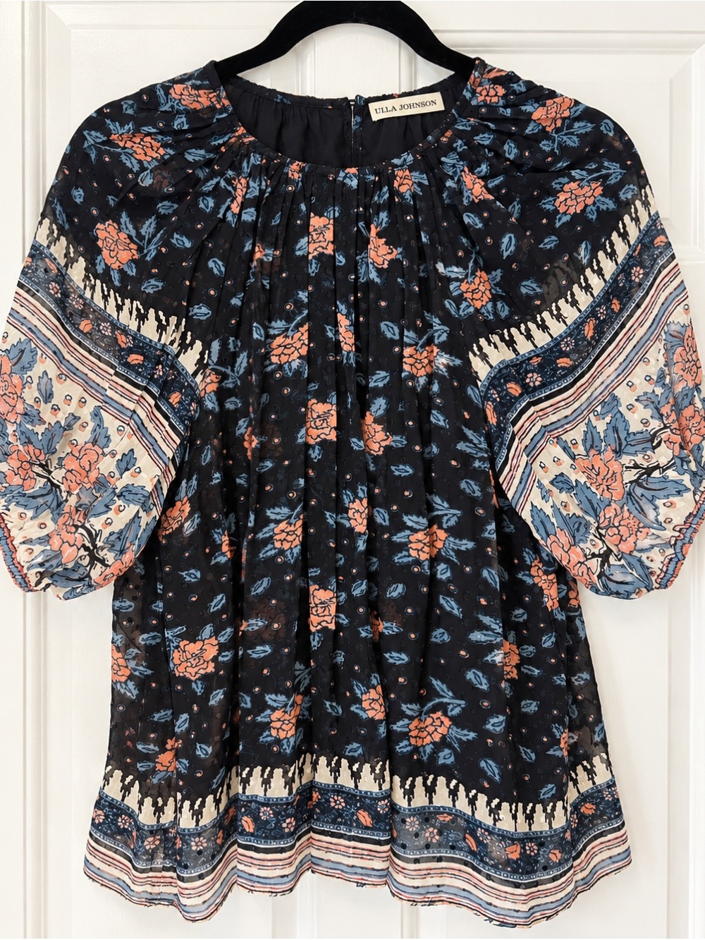 Ulla Johnson Black Floral Puff-Sleeve Tunic with Coral & Blue Print